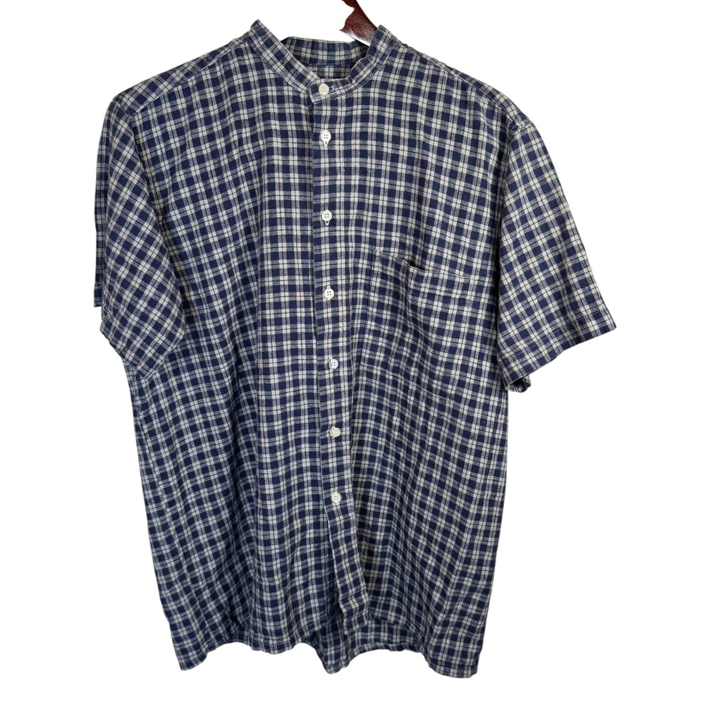 Vintage Cool Blues Mens Size Large Gingham Plaid‎ Shirt Linen Blend Casual Top